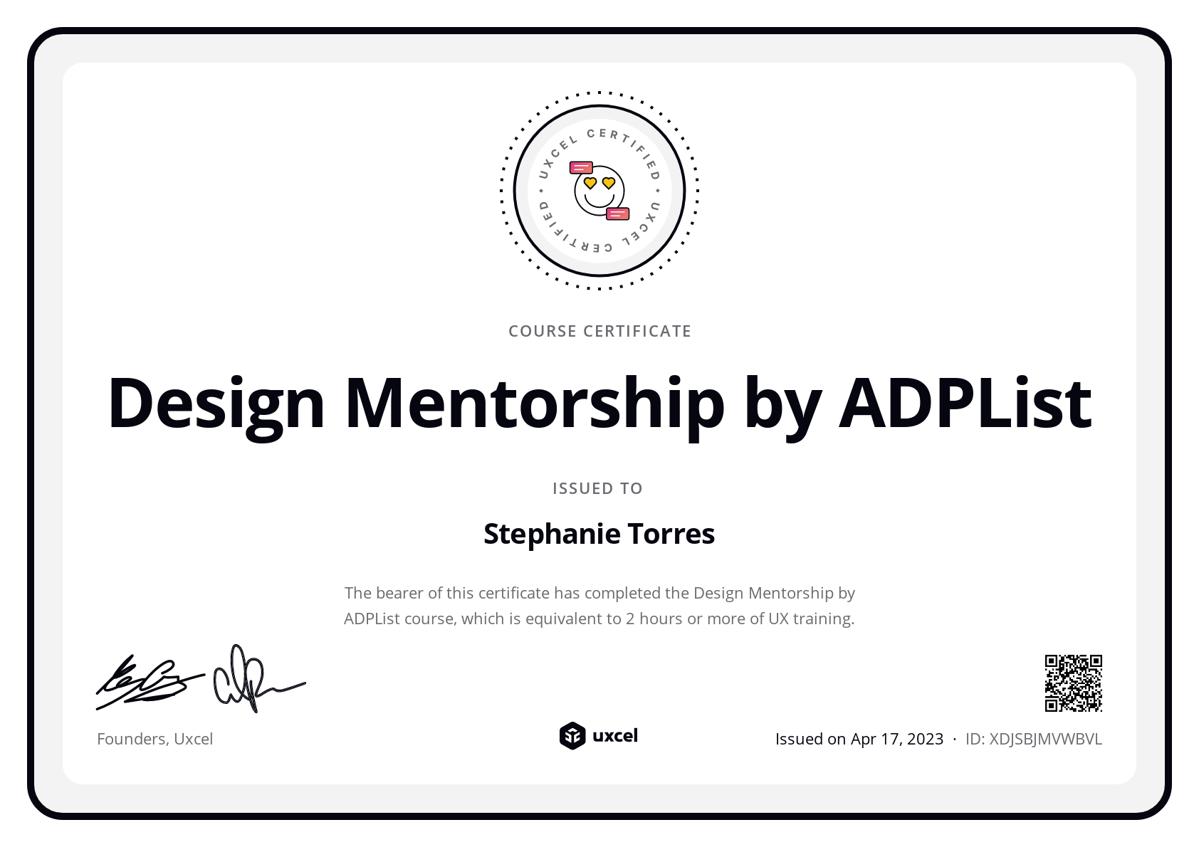 Stephanie Torres's certificate